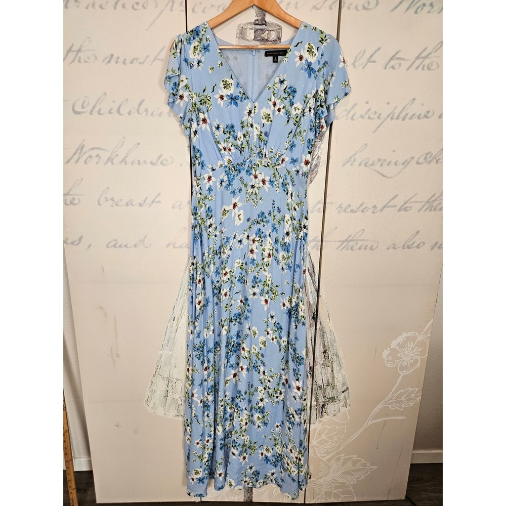 Banana Republic Womens Blue Floral V-Neck Split Sleeve Maxi Dress 6